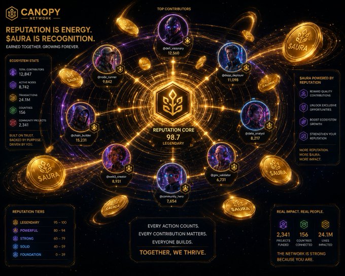 A Canopy Network dashboard displays ecosystem stats, a Reputation Core score of 98.7 (Legendary), top contributors, and information about the $AURA token under the theme 'Reputation is Energy. $AURA is Recognition.'