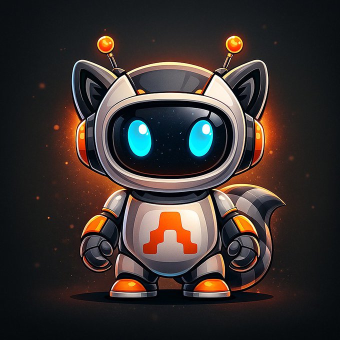 A cute robot character with cat-like ears, glowing blue eyes, and orange accents, featuring the letter 'A' on its chest and antenna on its head, set against a dark background with orange sparkles.