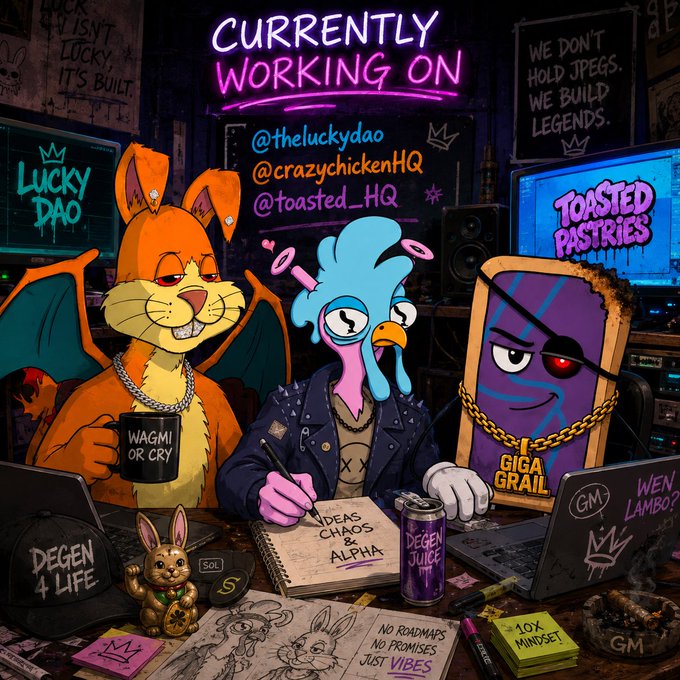 A colorful illustration features cartoon characters including a bat-like creature, a blue-headed figure in a leather jacket, and a sentient purple grail; visible text includes 'CURRENTLY WORKING ON', '@theluckydao', '@crazychickenHQ', '@toasted_HQ', 'LUCKY DAO', 'TOASTED PASTRIES', 'WAGMI OR CRY', 'IDEAS CHAOS & ALPHA', 'DEGEN JUICE', 'GIGA GRAIL', 'GM', 'WEN LAMBO?', 'DEGEN 4 LIFE', 'NO ROADMAPS NO PROMISES JUST VIBES', and '-10X MINDSET'.