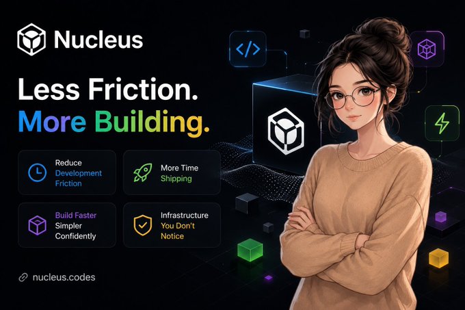 Promotional graphic for 'Nucleus' with the tagline 'Less Friction. More Building.', featuring an illustrated woman with glasses alongside icons for Reduce Development Friction, More Time Shipping, Build Faster, and Infrastructure (nucleus.codes).