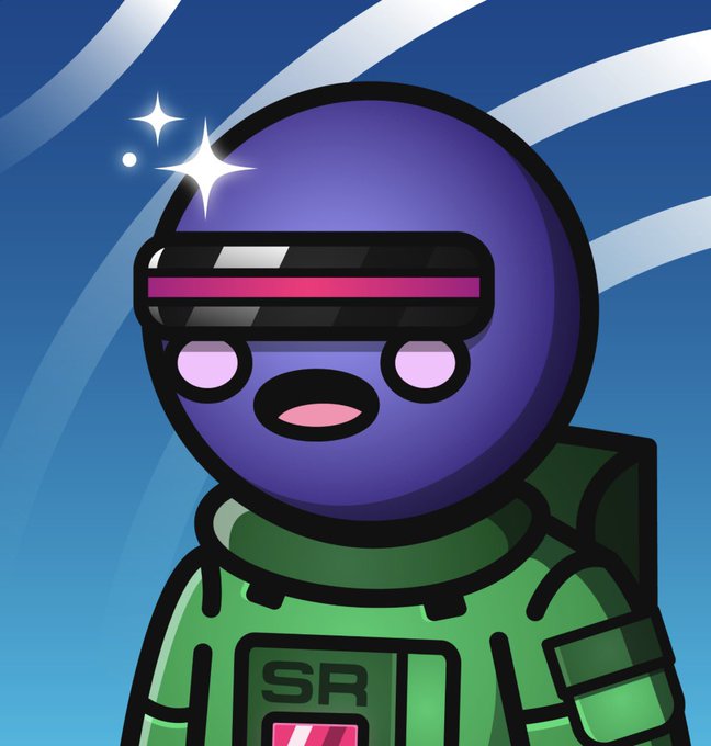 A cartoon-style illustration of a purple spherical astronaut character wearing a green spacesuit labeled 'SR' and a visor with pink glowing eyes, set against a blue streaked background.