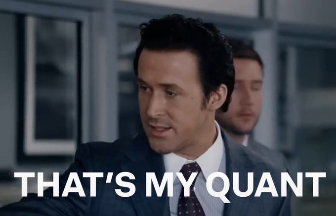 A man in a suit speaks with a serious expression, with the caption "THAT'S MY QUANT" overlaid in white text. The meme humorously pairs the character's confident declaration with a post citing a quant's overly optimistic prediction that Bitcoin will gain $1,000,000 by 2030, mocking the blind faith placed in quantitative analysis.