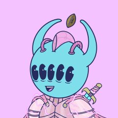 A cartoon illustration of a turquoise-skinned character with horns, six eyes, and pink hair, holding a dagger and a floating coin against a pink background.