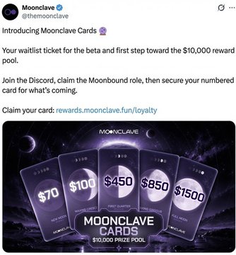 A tweet from Moonclave (@themoonclave) introducing 'Moonclave Cards,' a loyalty program with a $10,000 reward pool and card tiers ranging from $70 to $1500.