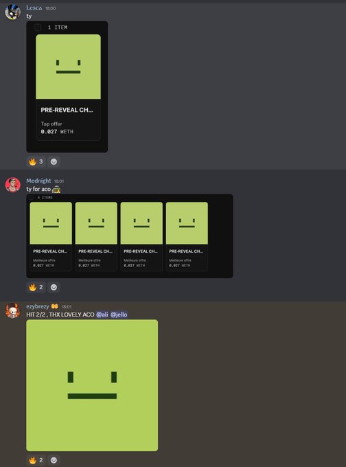 The image shows a Discord chat with three messages displaying NFT pre-reveal cards from the Chainraiders collection, with top offers of 0.027 ETH on Lensa and Mednight, and a fully revealed green smiley face NFT image shared by "ezybreezy" mentioning "THX LOVELY ACO @ajello." The messages visually support the announcement by showcasing members' successful free mints of Chainraiders NFTs, which align with the reported 200+ mints, 0.027 ETH floor price, and the mention of the free minting bot (@ajello/MNTD) service.
