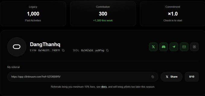 A crypto dashboard displaying a profile for 'DangThanhq' with EVM address 0x14b311...740ff1 and SOL address Bz34Za2d...yu6Pog, showing metrics: Legacy 1,000 (Past Activities), Contribution 300 (+1,300 this week), and Commitment ×1.0 (Check-in to start), along with a referral link.