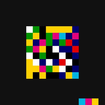 A pixelated grid of colored squares—including yellow, pink, green, blue, red, white, and black—forms an abstract mosaic pattern centered on a black background, with a small separate row of three colored squares (cyan, magenta, yellow) at the bottom right.