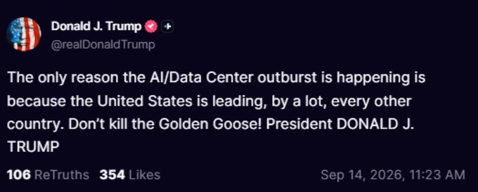The image shows a Truth Social post from Donald J. Trump (@realDonaldTrump) dated Sep 14, 2026, with 106 ReTruths and 354 Likes. Trump argues that the AI/Data Center boom is happening because "the United States is leading, by a lot, every other country," warning against "killing the Golden Goose" of America's technological advantage.