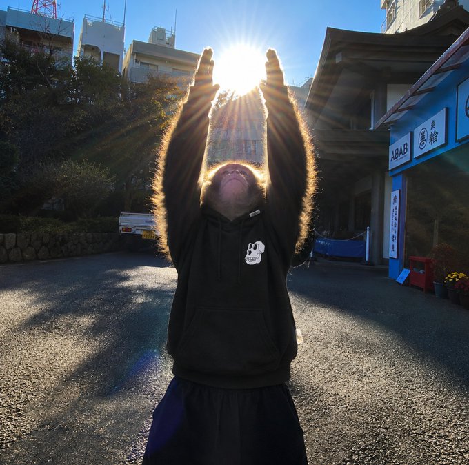 A person in a black hoodie stretches both arms skyward, silhouetted against a brilliant sunburst in what appears to be a Japanese street setting, with a building displaying "ABAB" signage nearby—perfectly capturing the serene, grounding energy of "Zen mode initiated."