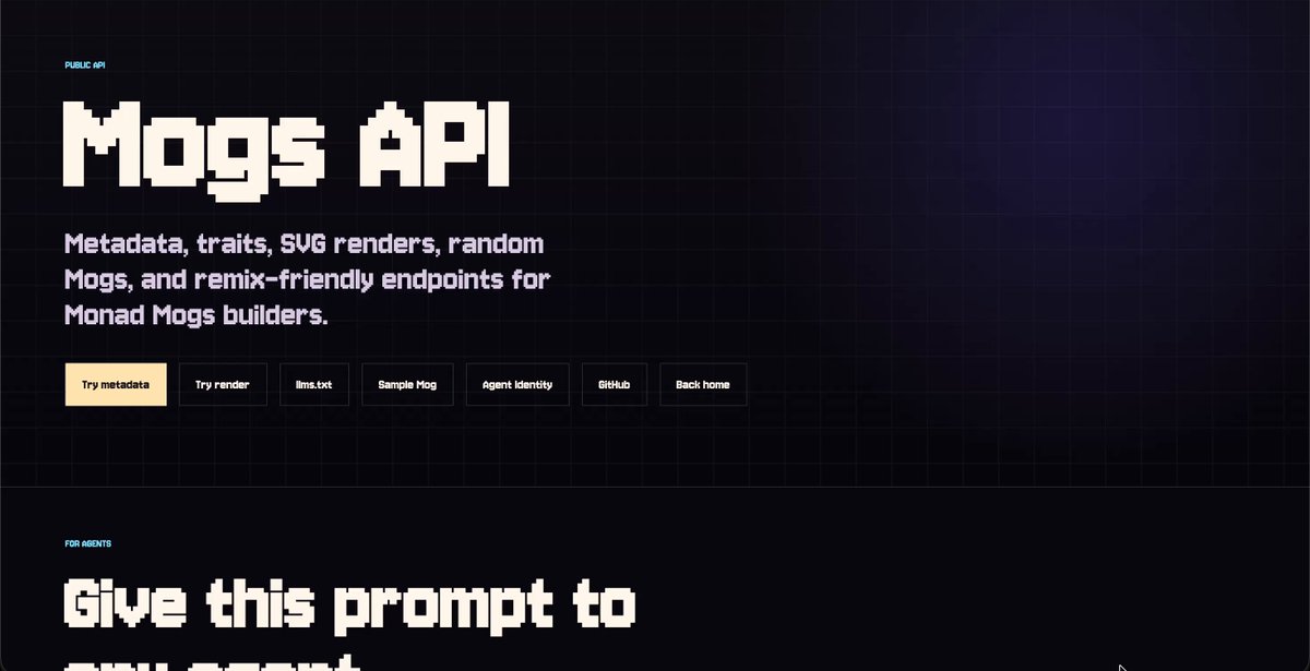 The image shows a screenshot of a website called "mogs.api" with a black background, white text, and a purple header. The website appears to be a tutorial or guide for creating a community application using the Monad Mogs framework.