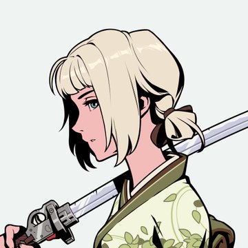 Anime-style illustration of a blonde character in profile view, carrying a sword on their back and wearing a floral-patterned outfit.