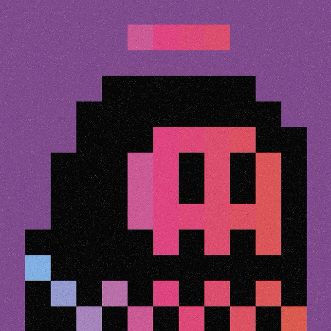 A pixel art illustration featuring a black character-like figure with a pink/red face, set against a purple background with colorful checkered patterns at the bottom.