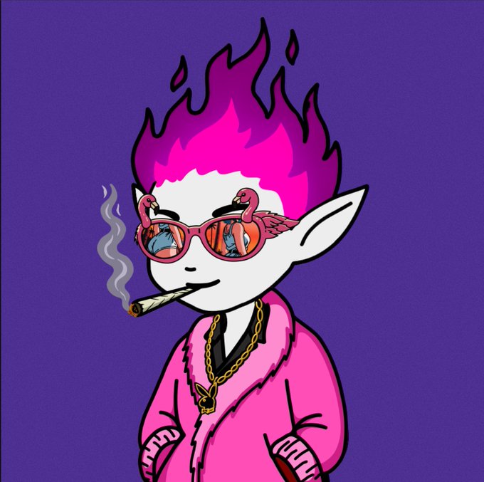 A digital illustration of a white elf-like character with flame-shaped magenta hair, wearing reflective sunglasses (showing flamingos), a pink robe, gold chain, and smoking a joint.