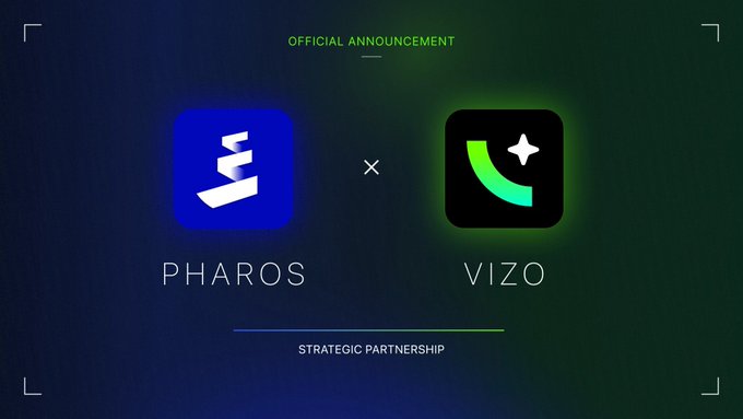 An official announcement graphic for a strategic partnership between Pharos and VIZO, displayed with their respective logos on a dark gradient background.