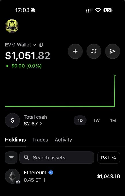 A dark crypto wallet interface shows “EVM Wallet,” “$1,051.82,” “$0.00 (0.0%),” “Total cash $2.67,” and an Ethereum holding of “0.45 ETH” worth “$1,049.18.”