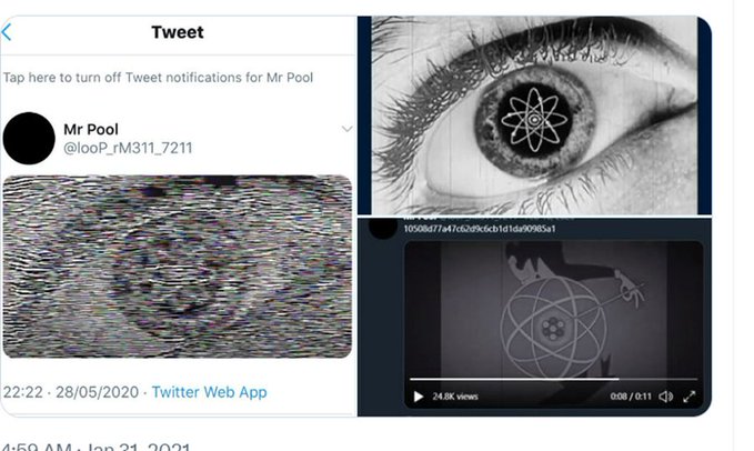 A collection of mysterious images shared on Twitter, including static noise, an eye with an atomic symbol, and a dark video featuring similar occult imagery.