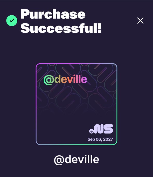 A 'Purchase Successful!' confirmation screen showing a digital collectible or membership card for the username '@deville' with the date 'Sep 06, 2027' and a 'NNS' logo.