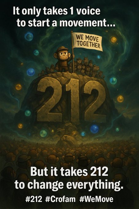 An illustrated image shows a small monkey character holding a "WE MOVE TOGETHER" flag atop a giant rock engraved with "212," surrounded by a crowd of similar monkeys and colorful orbs. Bold text reads "It only takes 1 voice to start a movement... But it takes 212 to change everything," with the captions "#212 #Crofam #WeMove" tying directly to the post's claim that the 212 community took over Crypto.com and Cronos in just five days.
