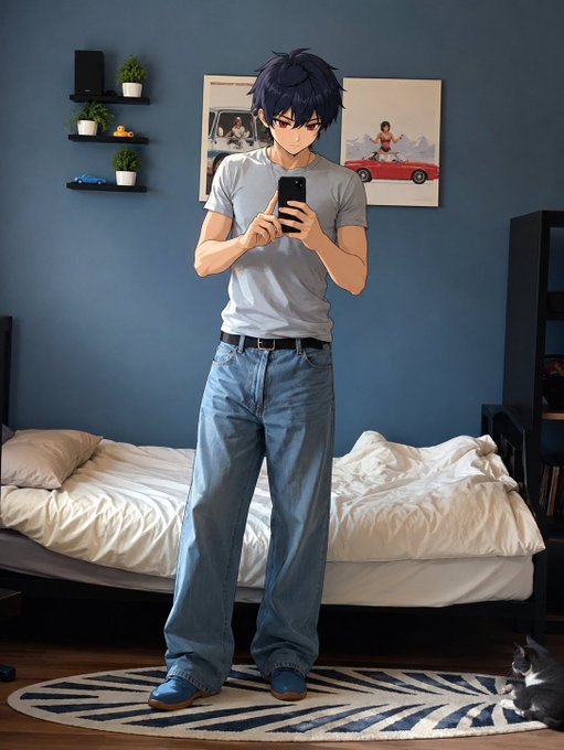 An anime-styled young man with dark hair stands in his bedroom on a zebra-striped rug, focused on his phone, seemingly drafting a casual Sunday post asking followers to pray for "9figs" and send tithes to his Solana wallet.

No visible text, numbers, or ticker names appear in the image itself—only anime artwork and bedroom décor (plants, posters of a car, a black and white cat).