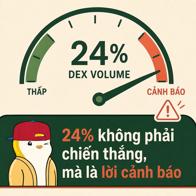 An infographic featuring a gauge at '24% DEX VOLUME' pointing to the 'CẢNH BÁO' (warning) zone, with text below in Vietnamese reading '24% không phải chiến thắng, mà là lời cảnh báo' (24% is not a victory, but a warning), accompanied by a duck character wearing a red cap.