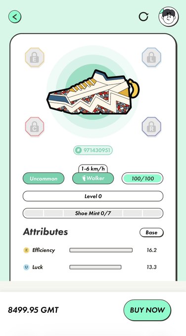 A mobile game screen displaying a sneaker NFT (Uncommon, Walker type) with attributes Efficiency 16.2 and Luck 13.3, priced at 8499.95 GMT with a 'BUY NOW' button.
