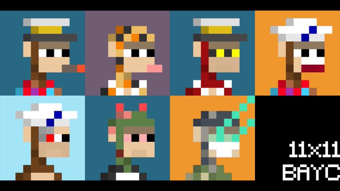 Seven pixel-art Bored Ape-style character portraits displayed in a grid with the text '11x11 BAYC' in the bottom right corner.