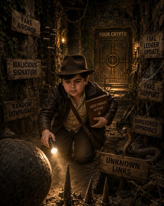 A cinematic illustration of an adventurer resembling Indiana Jones holding a 'SEED PHRASE OFFLINE' book and a flashlight, navigating a temple filled with warning signs like 'FAKE AIRDROP', 'MALICIOUS SIGNATURE', 'RANDOM DOWNLOADS', 'FAKE LEDGER UPDATE', 'FAKE SUPPORT', 'UNREVOKED APPROVALS', and 'UNKNOWN LINKS' toward a door labeled 'YOUR CRYPTO'.