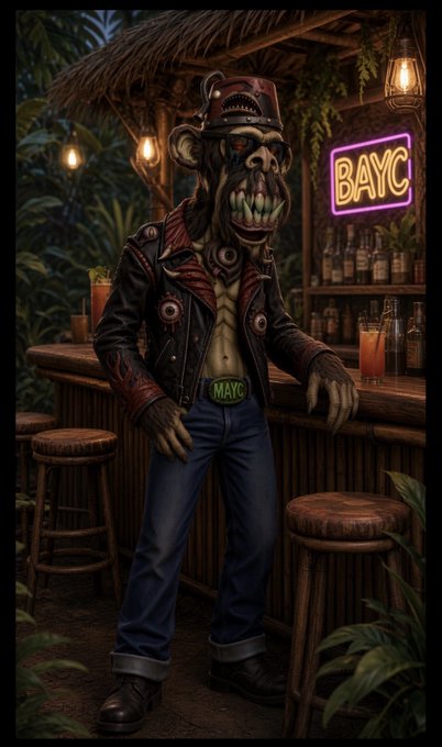A stylized illustration of a Bored Ape character wearing a leather jacket and jeans, standing at a tiki bar with a neon "BAYC" sign in the background.