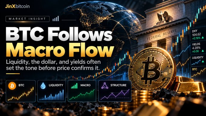A Bitcoin market insight graphic titled 'BTC Follows Macro Flow' with the subtitle 'Liquidity, the dollar, and yields often set the tone before price confirms it,' showing the Federal Reserve building, a golden Bitcoin, gold bars, DXY at 104.62, yields at 4.28%, and icons for BTC, Liquidity, Macro, and Structure.