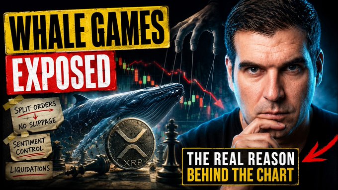 A dramatic YouTube thumbnail featuring a serious-looking man with a hand controlling a whale puppet over an XRP coin and declining candlestick chart, with bold text reading "WHALE GAMES EXPOSED" and "THE REAL REASON BEHIND THE CHART," alongside sticky notes listing "SPLIT ORDERS, NO SLIPPAGE, SENTIMENT CONTROL, LIQUIDATIONS." The visual ties directly to the post's theme of exposing XRP whale manipulation tactics.