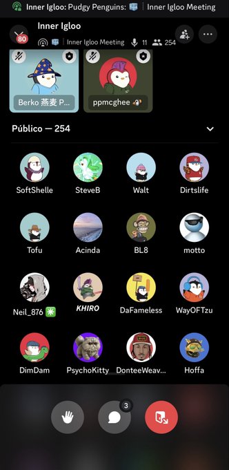 An Inner Igloo Pudgy Penguins meeting screenshot showing audience members including 'SoftShell', 'SteveB', 'Walt', 'Dirtslife', 'Tofu', 'Acinda', 'BL8', 'motto', 'Nei_876', 'KHIRO', 'DaFamelelss', 'WayOFtzu', 'DimDan', 'Psychokitty', 'DonteeWeav...', and 'Hoffa'.