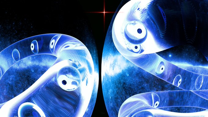 An abstract digital artwork featuring swirling, luminous blue ribbon-like structures with eye-like patterns against a dark starry background with a single red star.