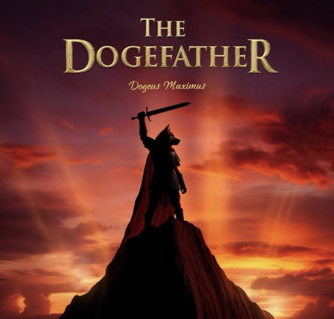The image features a man holding a sword, standing atop a mountain with a sunset behind him. The title of the image reads "The Dogefather", which suggests that this scene might be from a movie or TV show featuring the character Dogeus Maximus. The background of the image is a beautiful sunset, adding to the overall atmosphere and setting for the story.