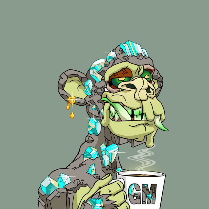 Cartoon illustration of a green goblin-like creature encrusted with cyan crystals, holding a steaming mug labeled 'GM'.