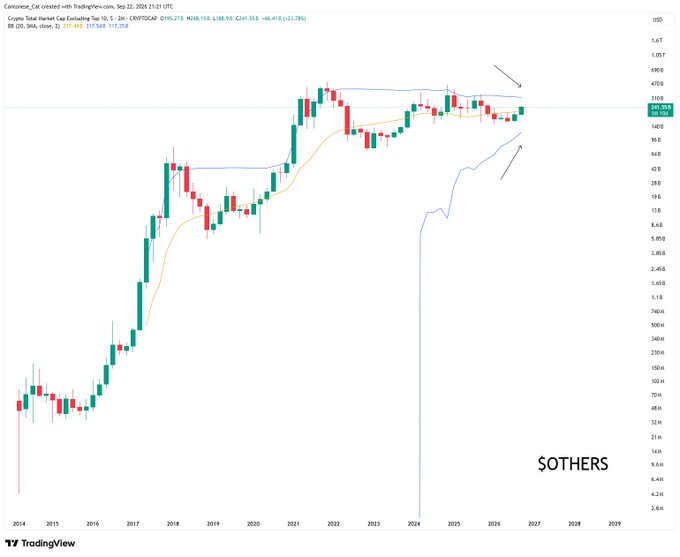 The image shows a TradingView chart of the CRYPTOCAP $OTHERS index with a 2-month timeframe, displaying a Bollinger Band squeeze where the upper and lower bands have converged tightly around price near 261.90, with a blue line suggesting projected upside momentum toward higher levels like 100K over the coming years. This visual supports the post's observation of a tight squeeze, implying that the next major move for altcoins could be either a sharp collapse or a significant rally within the next two years.