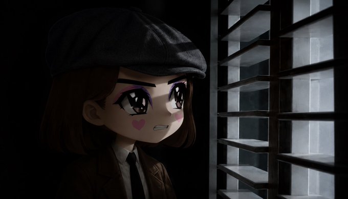 A chibi-style character with a heart cheek mark and a flat cap peers through window blinds with a worried expression, mirroring the post's theme of anxiously searching for opportunities during a quiet bear market.