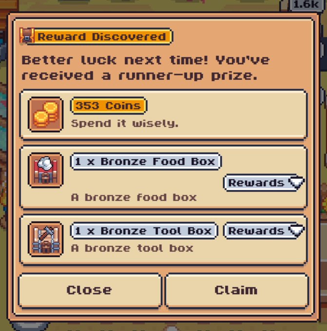 A pixel-art game reward screen displays 'Reward Discovered' with 353 Coins, a Bronze Food Box, and a Bronze Tool Box, offering Close or Claim buttons.