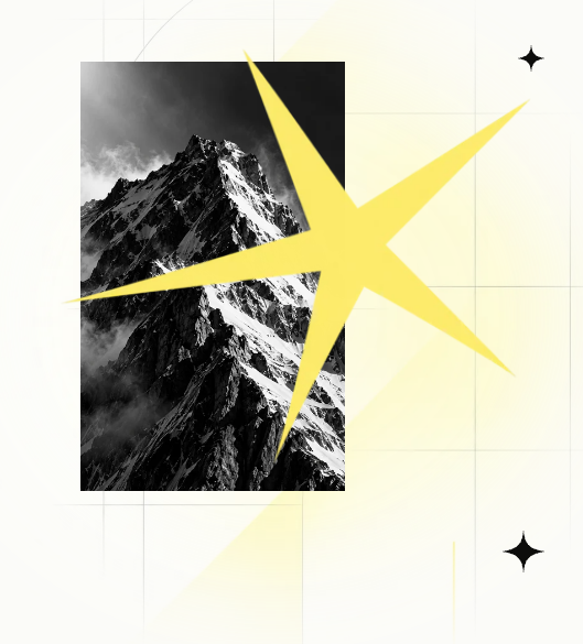 A graphic design featuring a black-and-white photograph of a snowy mountain peak overlaid with a large yellow star, set against a pale background with a grid pattern and small sparkle details.