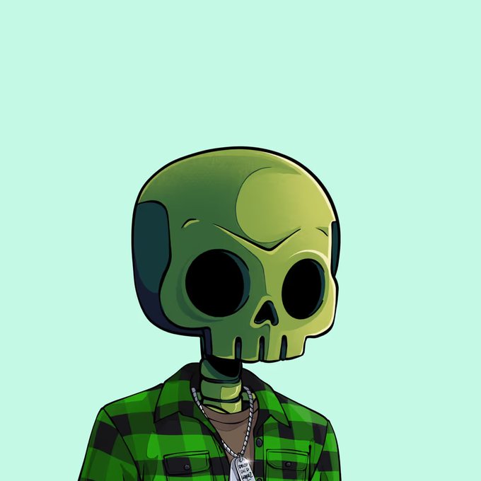 A cartoon green skull character wearing a green and black plaid shirt and dog tags against a mint green background.