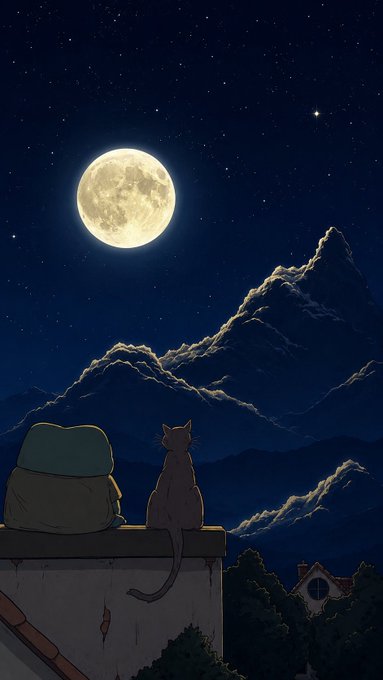 Under a luminous full moon, a black cat and a teal-capped figure sit together on a rooftop ledge, gazing out at snow-capped mountains and a starlit sky. The serene, contemplative scene evokes the quiet anticipation of "good night," paralleling the post's message about patiently building essential infrastructure to bridge traditional industries with Web3.