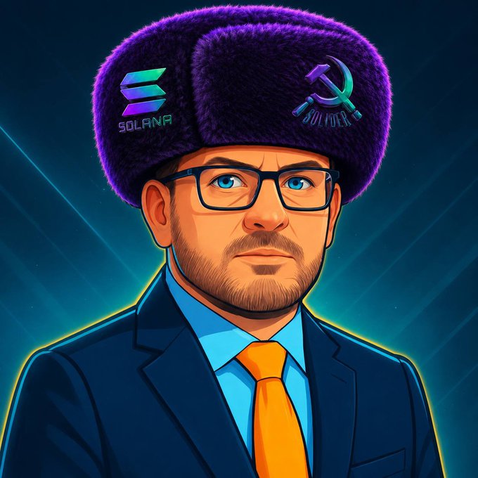 Digital illustration of a man in a suit and orange tie wearing a purple furry ushanka hat adorned with the Solana logo and a hammer-and-sickle 'SOLDEX' emblem.