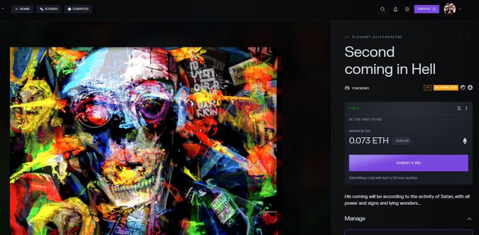 A screenshot of an NFT marketplace page featuring a colorful glitch-art skull titled 'Second coming in Hell' from the 'Elegant Glitchmetes' collection, listed with a minimum bid of 0.073 ETH.