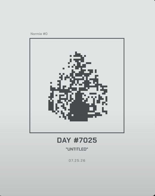 A minimalist pixel-art piece labeled "Normie #0" with the title "DAY #7025" and "UNTITLED," dated 07.25.26.