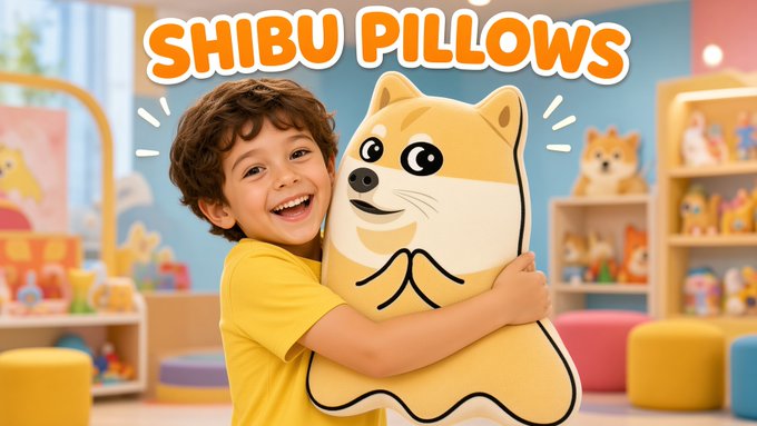 A young boy in a yellow shirt hugs a Shiba Inu-shaped pillow in a colorful room, with text at the top reading 'SHIBU PILLOWS'.