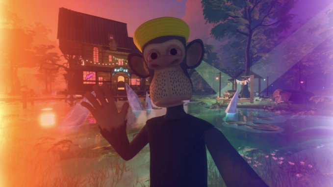 The image features a cartoon monkey wearing a yellow hat standing in front of a house with a "B" sign on top, surrounded by trees and other buildings. The monkey appears to be waving at the camera while holding a banana. The background is filled with various elements such as a dining table, chairs, and potted plants, creating an impression that it's a lively outdoor setting. The post includes text about the cartoon character from @OthersideMeta, which suggests that this image might be related to a social media post or a conversation among friends.