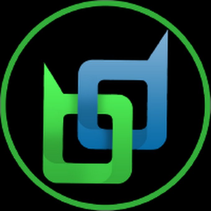 A logo featuring two interlocking speech bubble shapes in green and blue on a black background, encircled by a green ring.