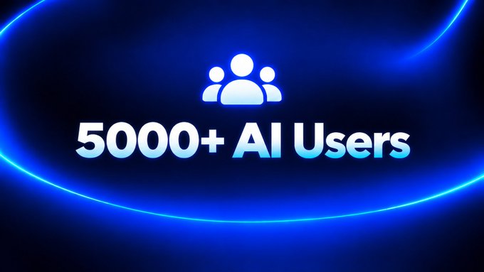 A digital banner with a dark blue background and neon blue accents, displaying a white icon of three people above the text "5000+ AI Users".