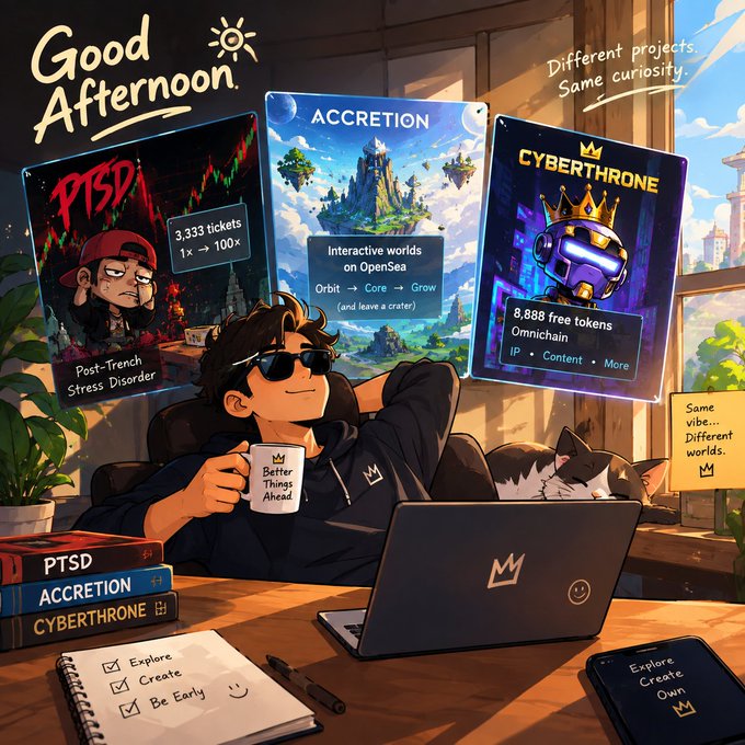 An anime-style illustration of a person relaxing in a chair with a mug, looking at digital displays for projects labeled 'PTSD', 'ACCRETION', and 'CYBERTHRONE', under the text 'Good Afternoon'.