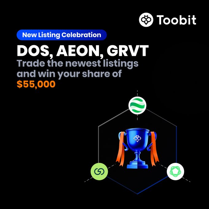 A promotional graphic for Toobit featuring a "New Listing Celebration" with text reading "DOS, AEON, GRVT — Trade the newest listings and win your share of $55,000." The design showcases a blue championship trophy with orange ribbons in the center, surrounded by three hexagonal icons representing the listed tokens, all set against a black background with the Toobit logo in the top right corner.