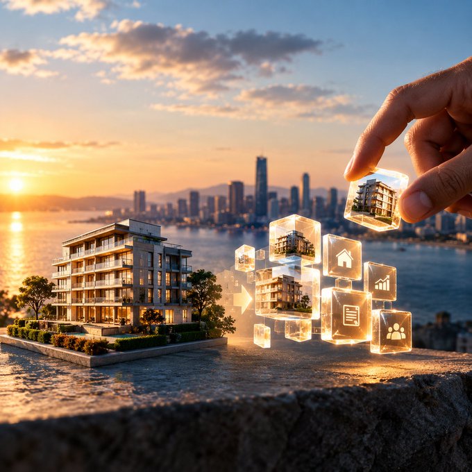 A conceptual image showing a hand placing a miniature glass cube of a building onto a floating cube structure with real estate icons, overlooking a city skyline at sunset.